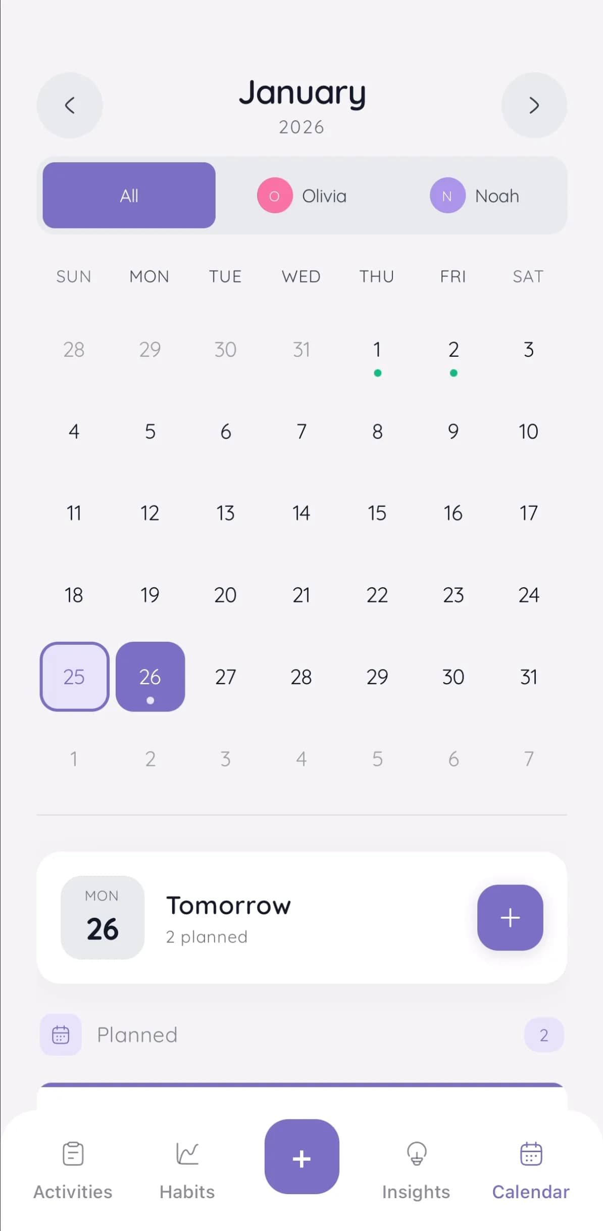 Homeschooly calendar view showing a weekly overview of learning activity