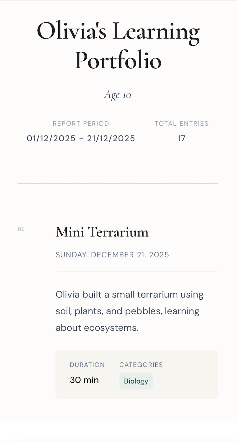 Homeschool reporting showing generated PDF with activities, photos, and attendance summary