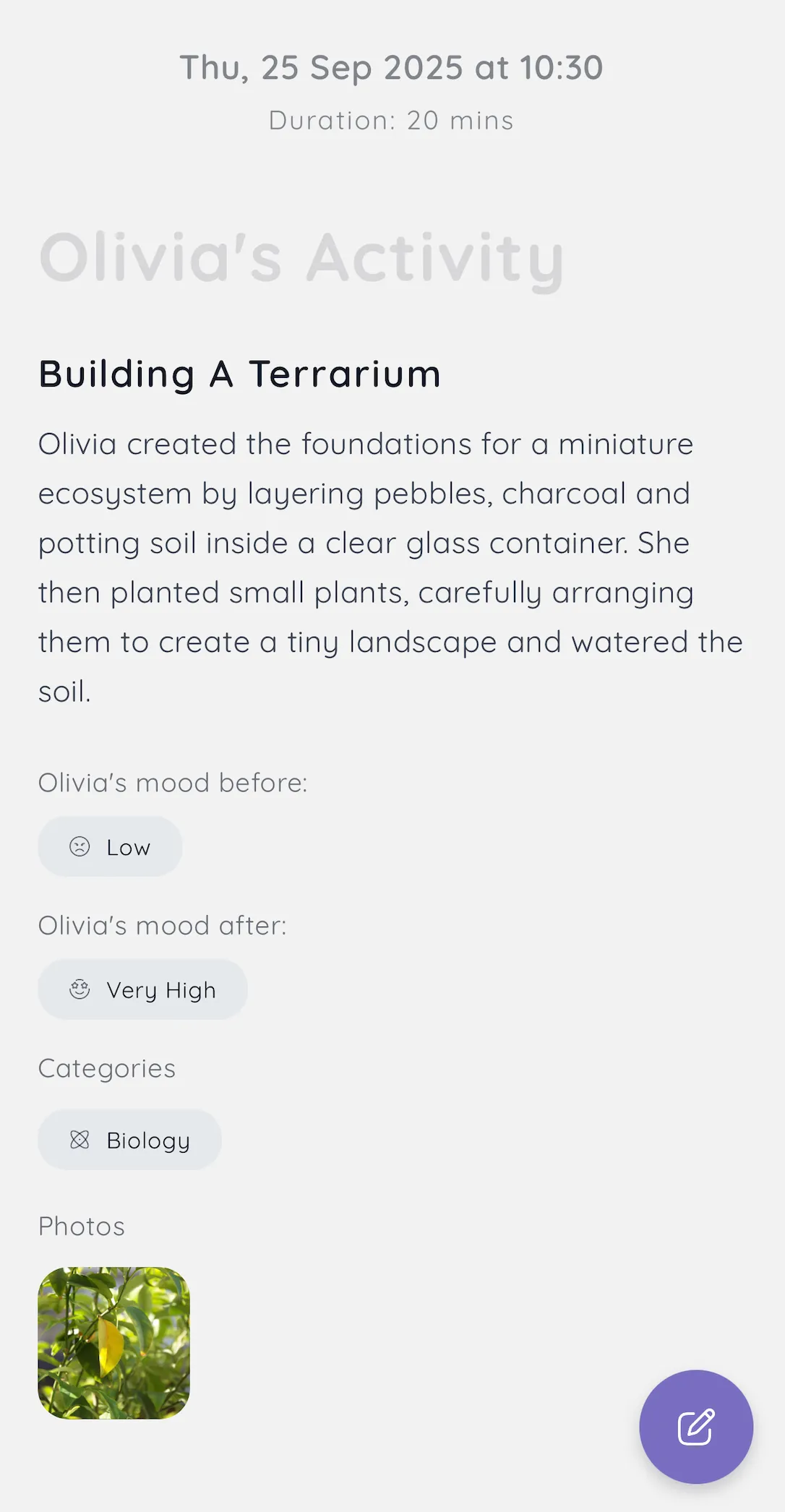Activity detail view with mood tracking